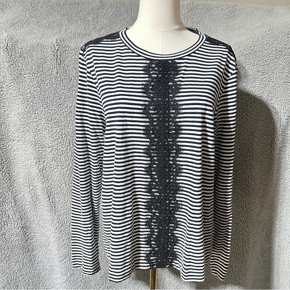 👉.J Crew Striped Black and White Women's Long Sleeve Crew Neck Lace Insert Top